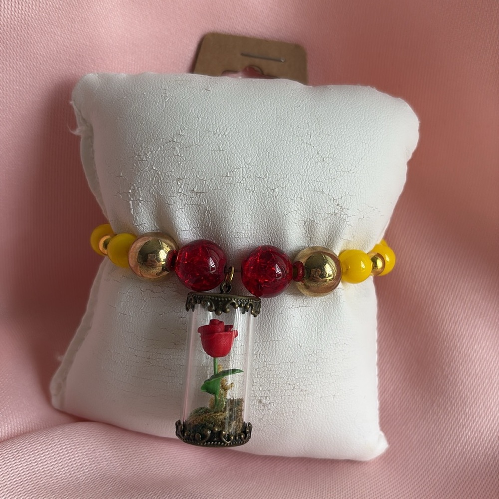 🟢 Beauty And The Beast Red Rose Glass Charm Bracelet